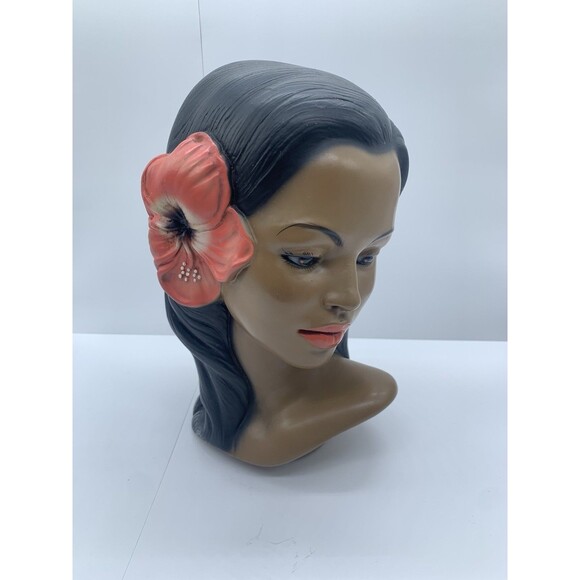 HAWAII HAWAIIAN HULA GIRL HEAD BUST by MARWAL VINTAGE CHALKWARE HIBISCUS MCM - Picture 1 of 10